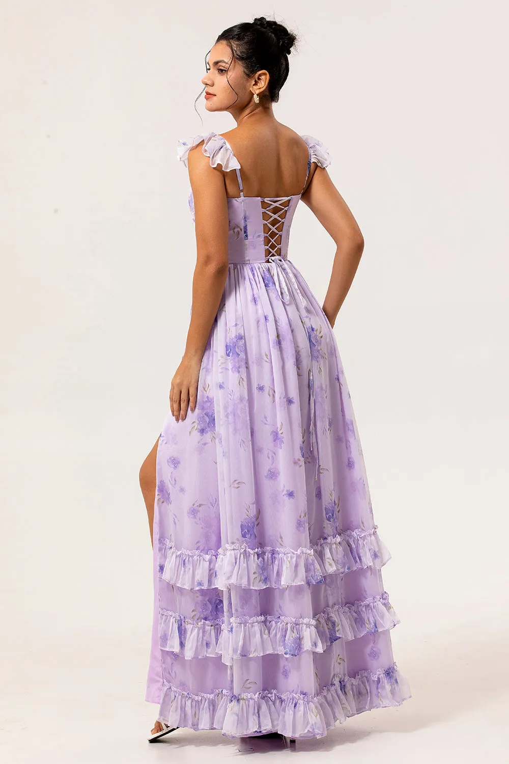 Lavender Flower A Line Printed Ruffled Corset Bridesmaid Dress with Slit sold by Zapaka product image thumbnail 2