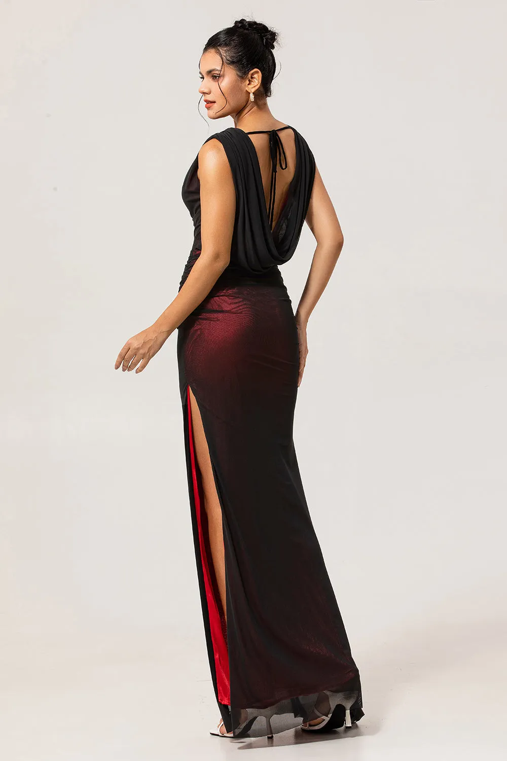 Black Red V Neck Ruched Sheath Long Bridesmaid Dress sold by Zapaka product image thumbnail 2