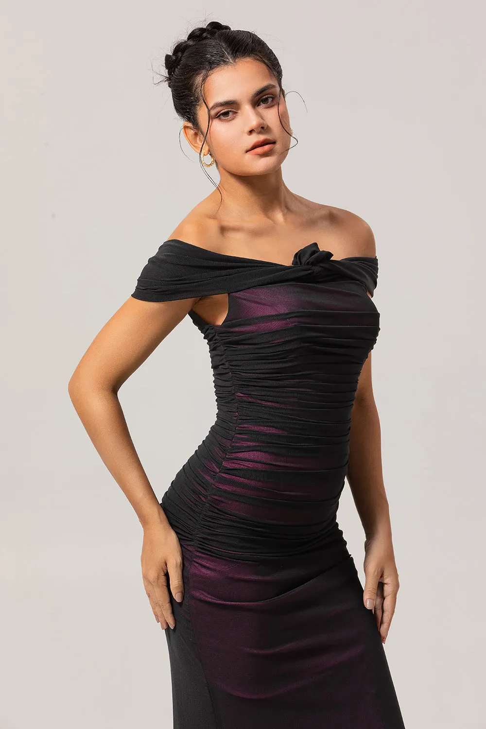 Black Pink Off the Shoulder Sheath Long Bridesmaid Dress sold by Zapaka product image thumbnail 4