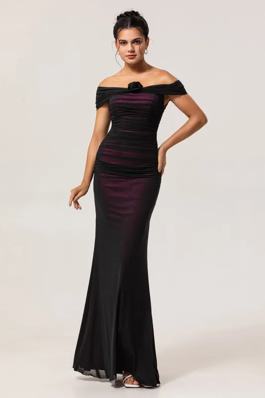 Black Pink Off the Shoulder Sheath Long Bridesmaid Dress sold by Zapaka