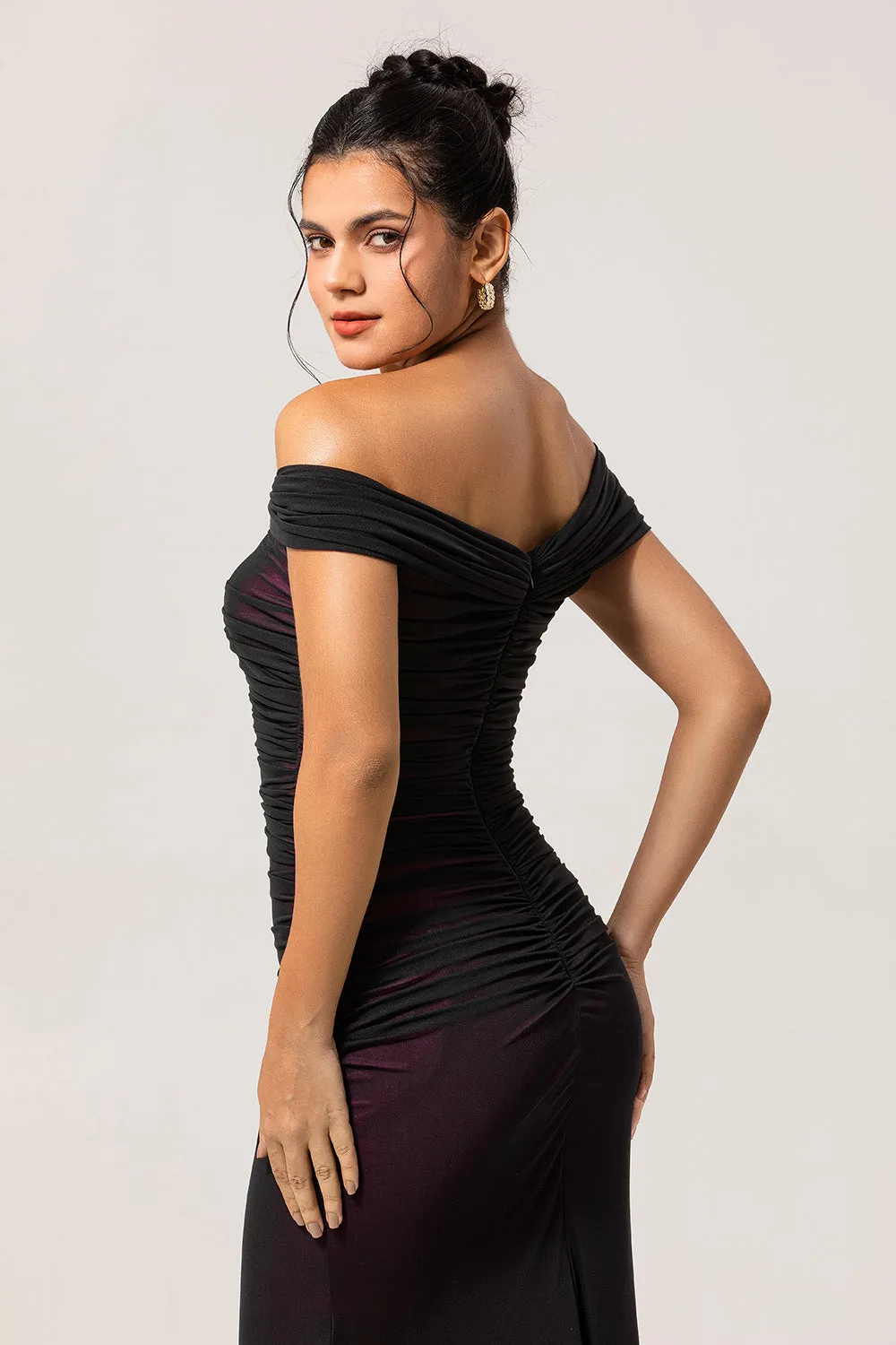 Black Pink Off the Shoulder Sheath Long Bridesmaid Dress sold by Zapaka product image thumbnail 5