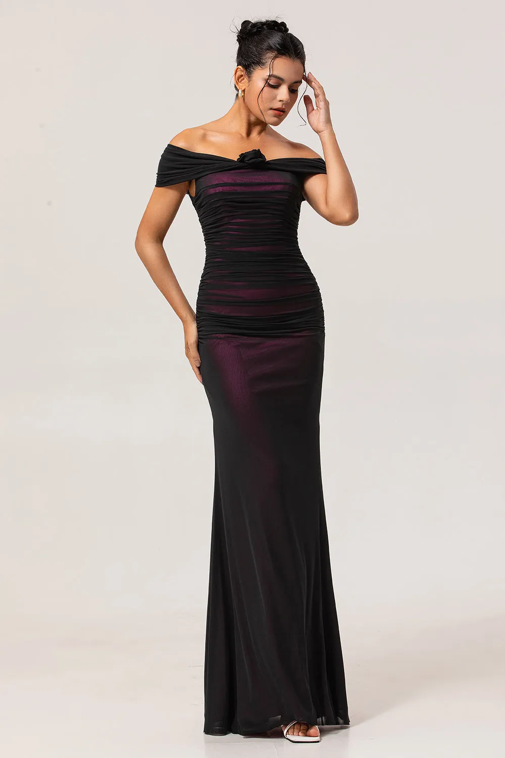 Black Pink Off the Shoulder Sheath Long Bridesmaid Dress sold by Zapaka product image thumbnail 3