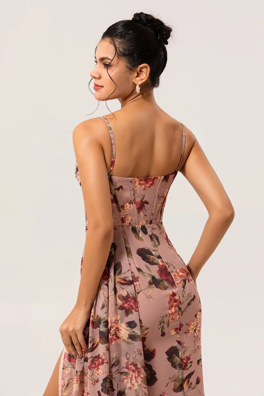 Dusty Rose Sheath Ruched Floral Corset Long Bridesmaid Dress with Side Streamer sold by Zapaka product image thumbnail 5