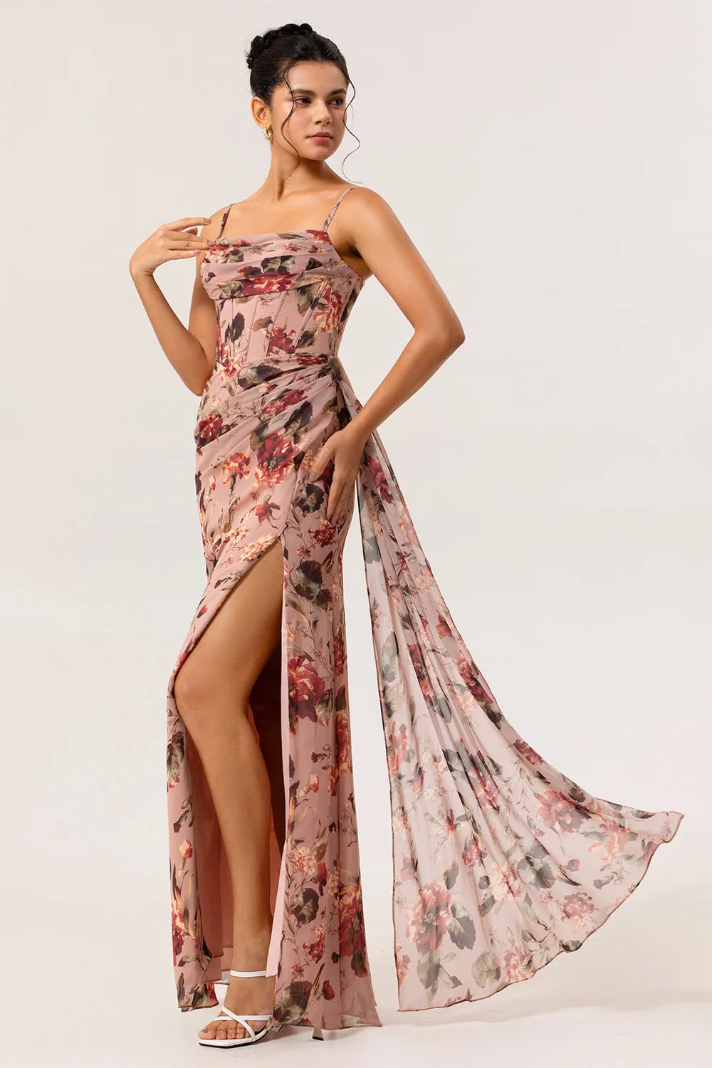 Dusty Rose Sheath Ruched Floral Corset Long Bridesmaid Dress with Side Streamer sold by Zapaka product image thumbnail 3