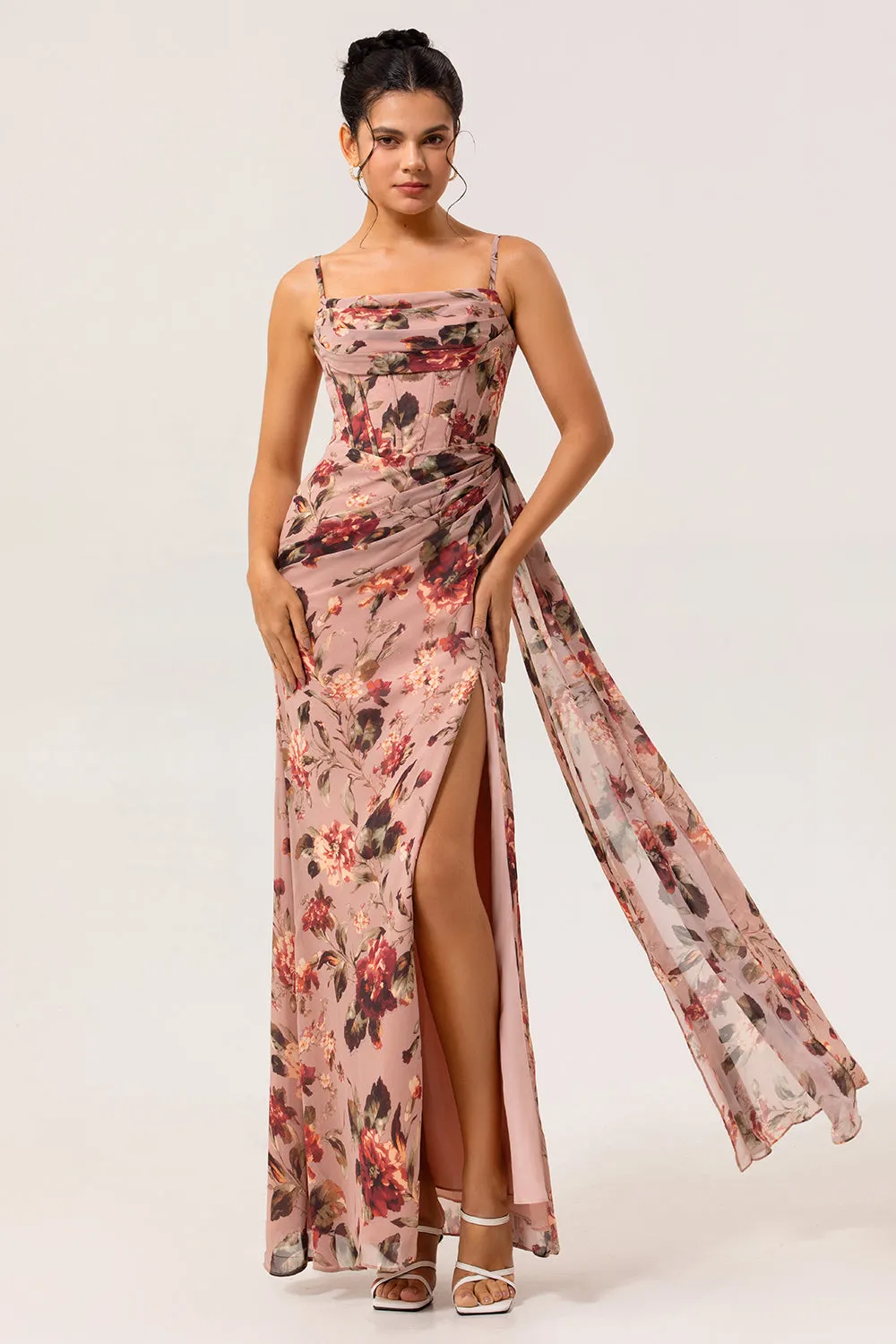 Dusty Rose Sheath Ruched Floral Corset Long Bridesmaid Dress with Side Streamer sold by Zapaka