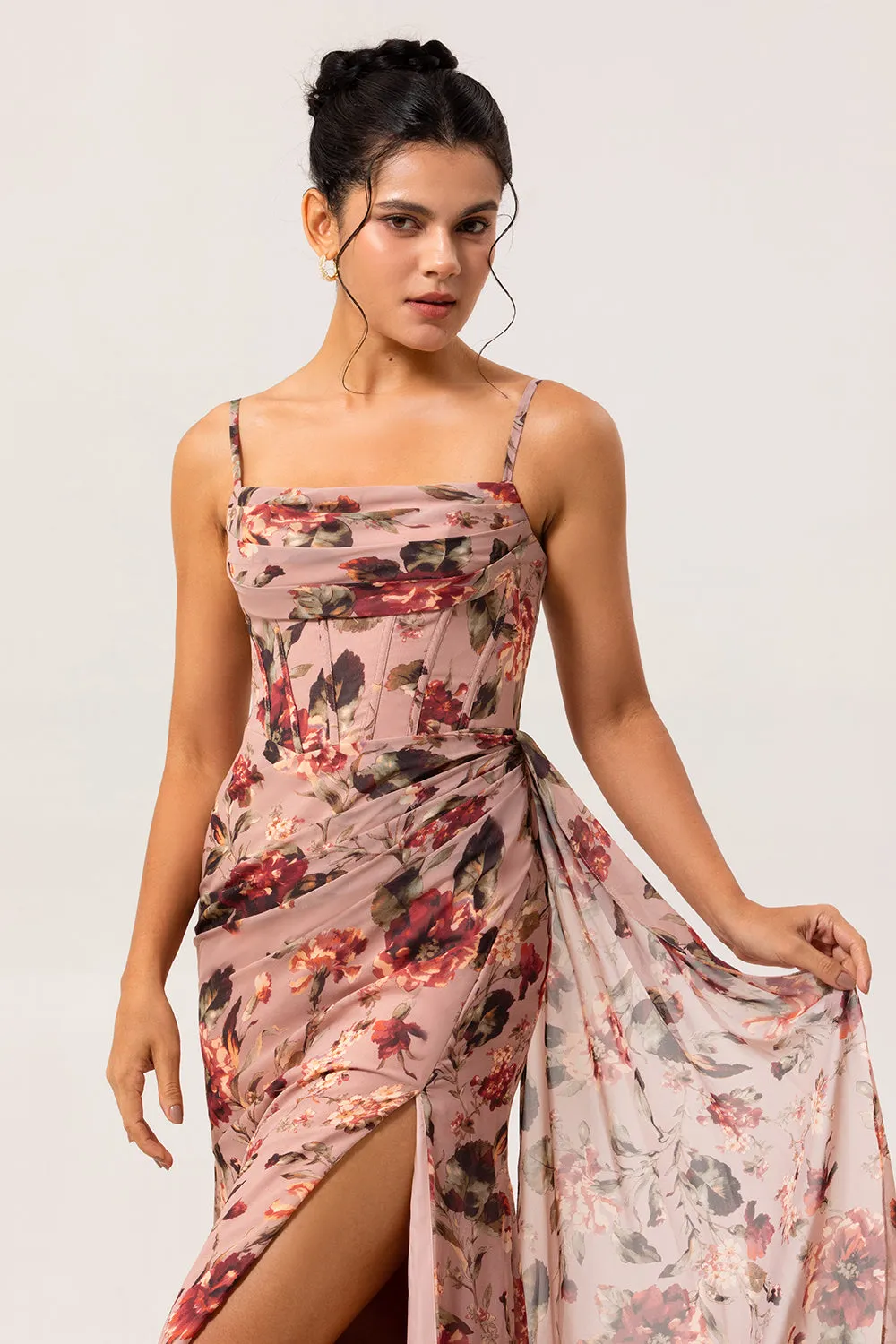 Dusty Rose Sheath Ruched Floral Corset Long Bridesmaid Dress with Side Streamer sold by Zapaka product image thumbnail 4