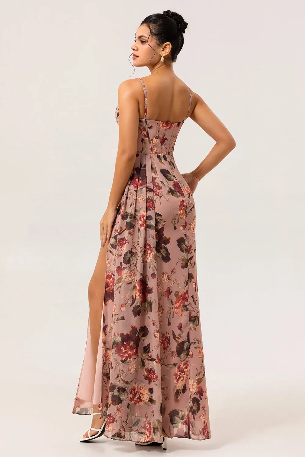 Dusty Rose Sheath Ruched Floral Corset Long Bridesmaid Dress with Side Streamer sold by Zapaka product image thumbnail 2