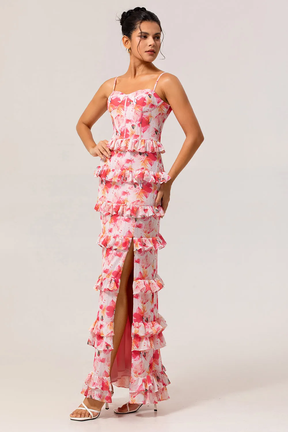 Pink Floral Sheath Ruffled Long Wedding Guest Dress with Slit sold by Zapaka product image thumbnail 3