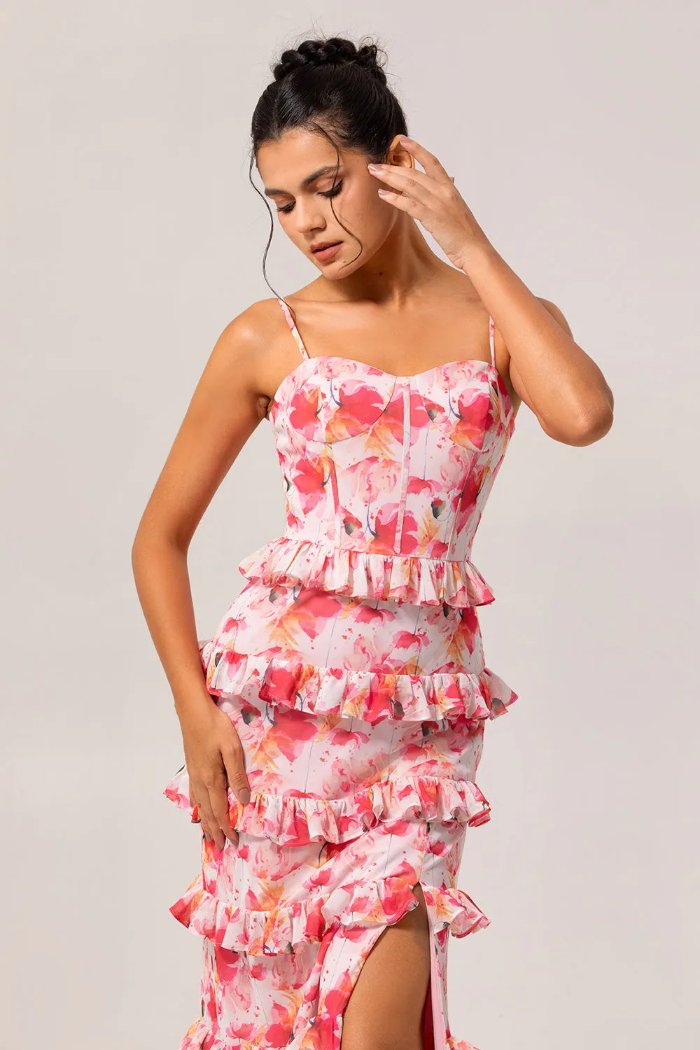 Pink Floral Sheath Ruffled Long Wedding Guest Dress with Slit sold by Zapaka product image thumbnail 4