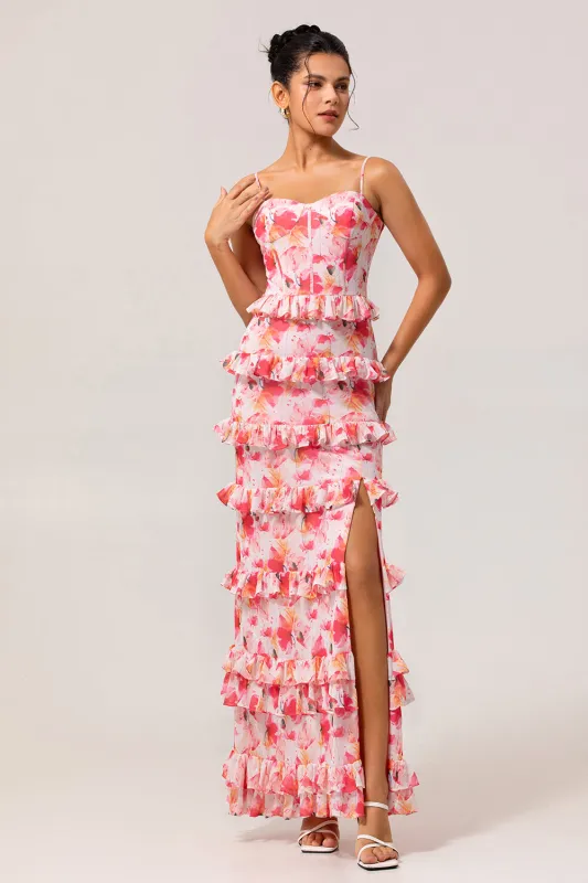 Pink Floral Sheath Ruffled Long Wedding Guest Dress with Slit made by Zapaka