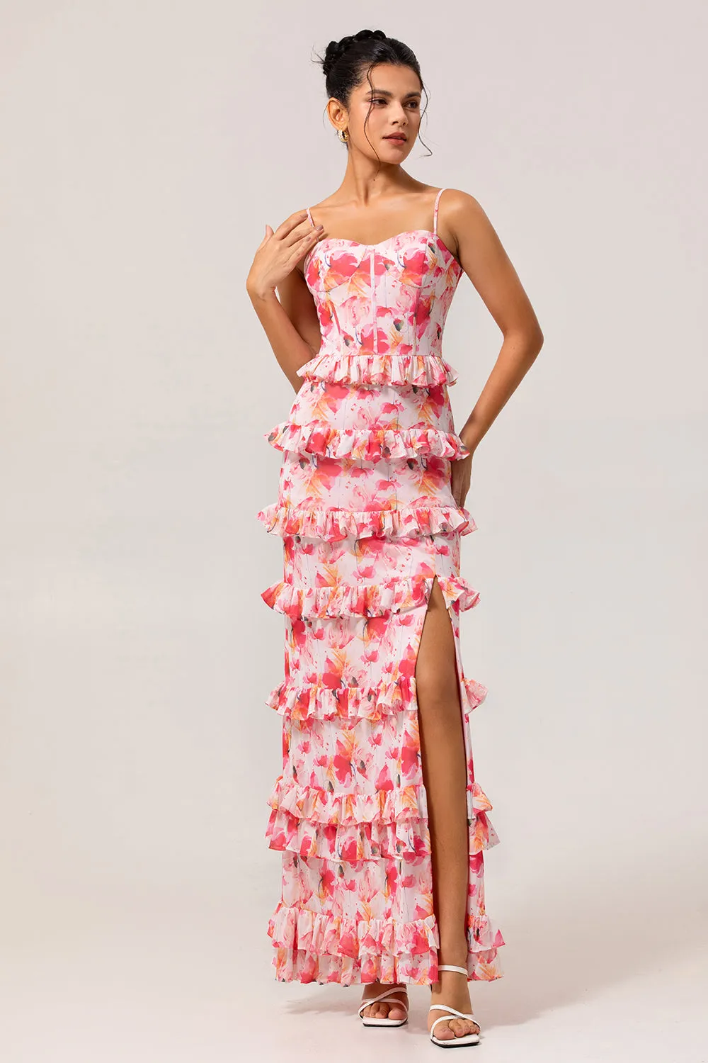 Pink Floral Sheath Ruffled Long Wedding Guest Dress with Slit sold by Zapaka
