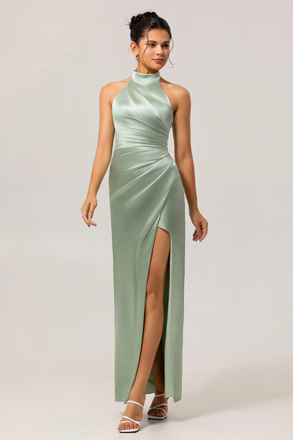Sage Green High Neck Satin Sheath Ruched Long Bridesmaid Dress with Slit sold by Zapaka