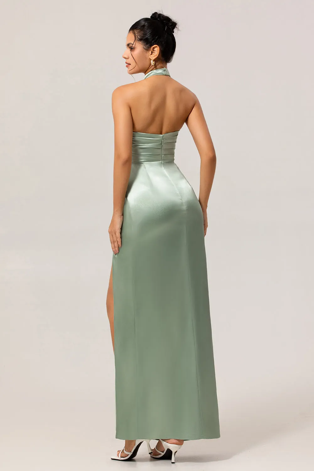 Sage Green High Neck Satin Sheath Ruched Long Bridesmaid Dress with Slit sold by Zapaka product image thumbnail 2