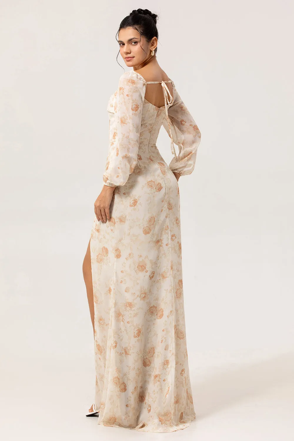 Yellow Floral Corset Sheath Long Bridesmaid Dress with Long Sleeves sold by Zapaka product image thumbnail 2