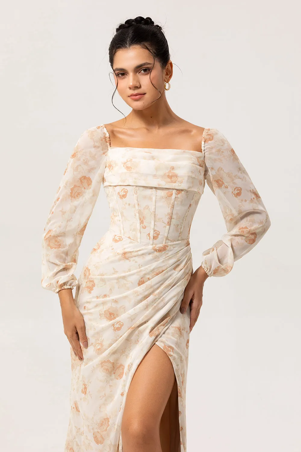 Yellow Floral Corset Sheath Long Bridesmaid Dress with Long Sleeves sold by Zapaka product image thumbnail 4