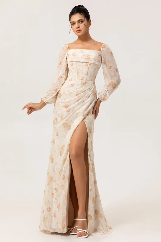 Yellow Floral Corset Sheath Long Bridesmaid Dress with Long Sleeves sold by Zapaka