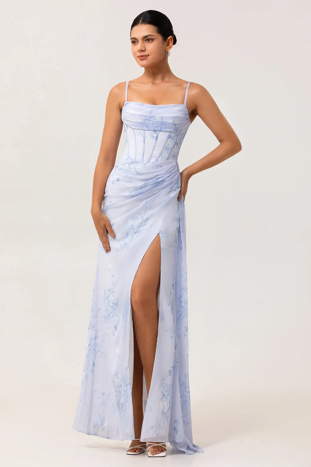 Blue Floral Spaghetti Straps Corset Fitted Long Bridesmaid Dress with Slit sold by Zapaka