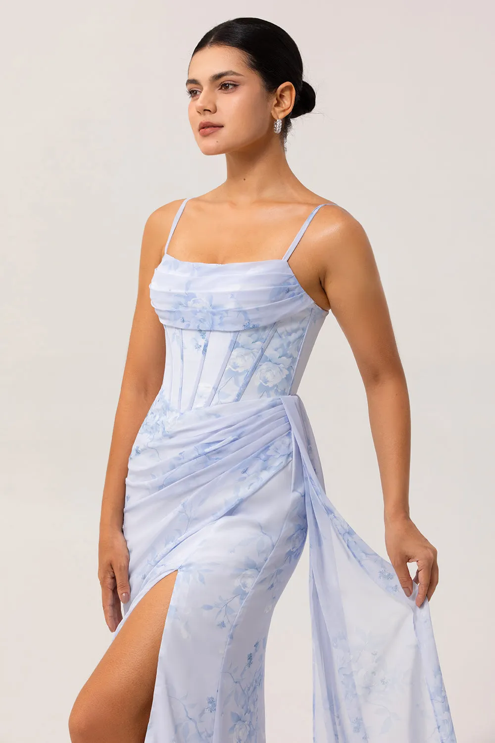 Blue Floral Spaghetti Straps Corset Fitted Long Bridesmaid Dress with Slit sold by Zapaka product image thumbnail 5