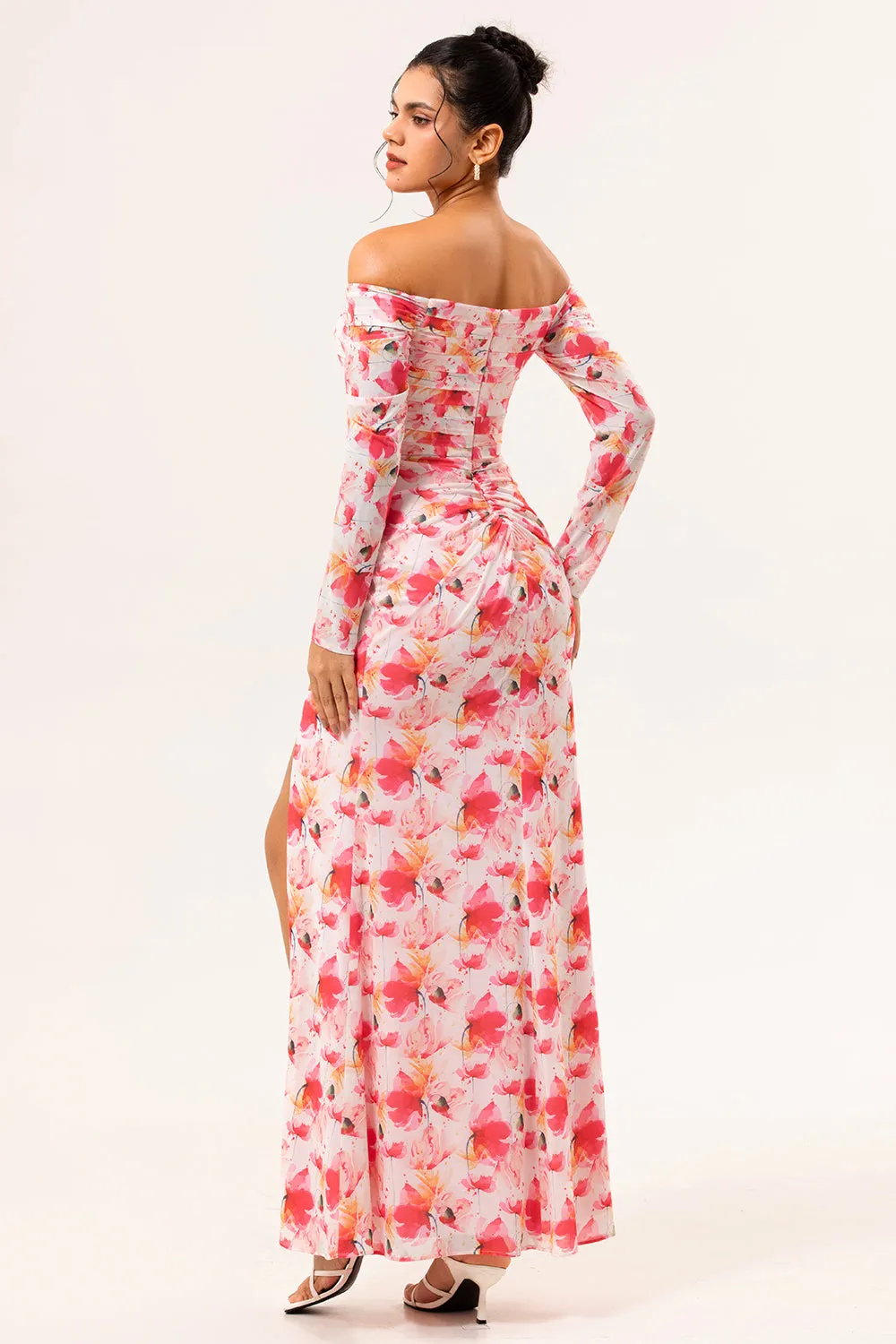 Pink Floral Sheath Off The Shoulder Long Wedding Guest Dress sold by Zapaka product image thumbnail 2