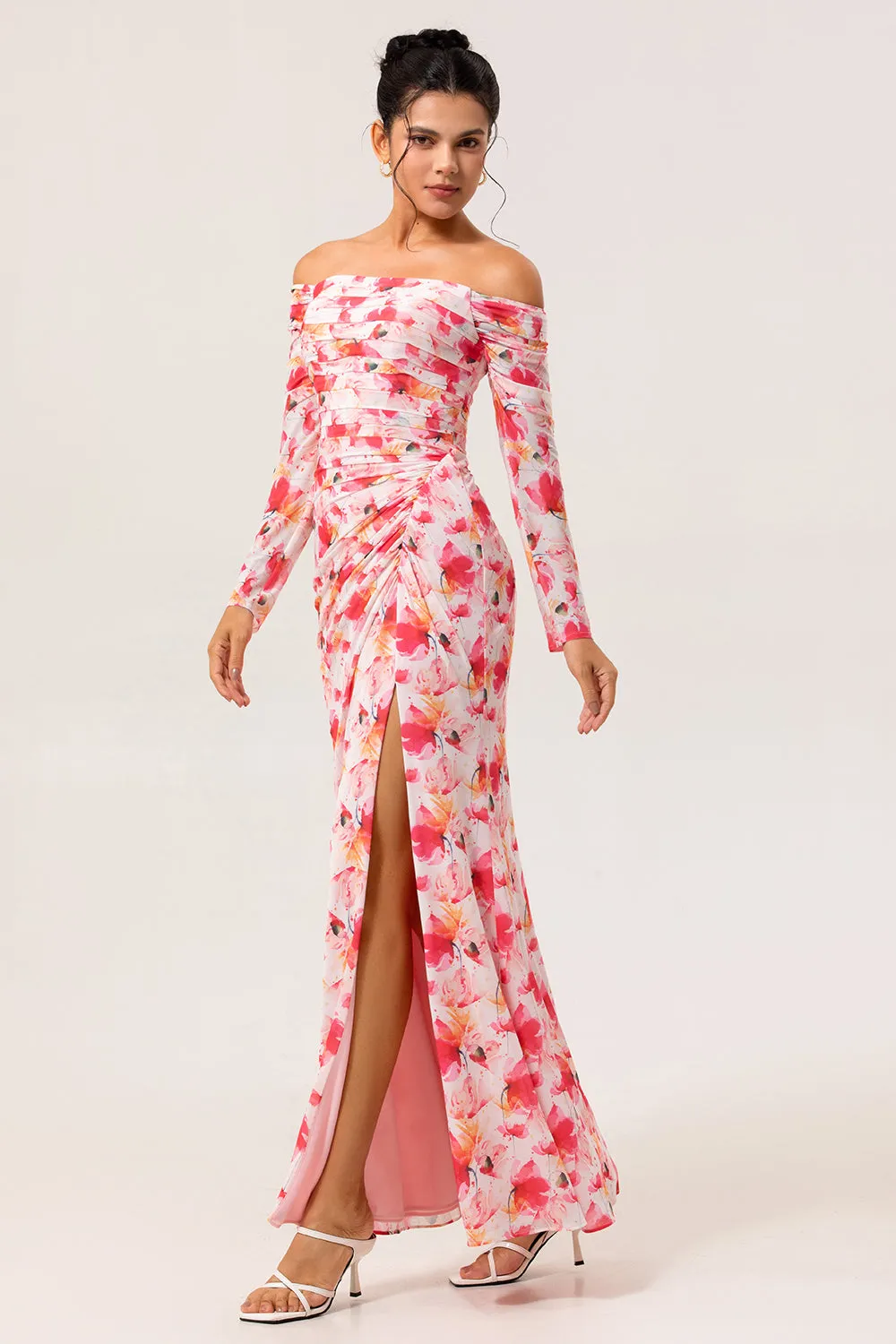Pink Floral Sheath Off The Shoulder Long Wedding Guest Dress sold by Zapaka product image thumbnail 3