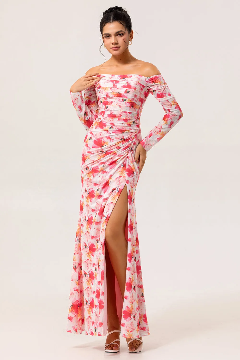 Pink Floral Sheath Off The Shoulder Long Wedding Guest Dress sold by Zapaka