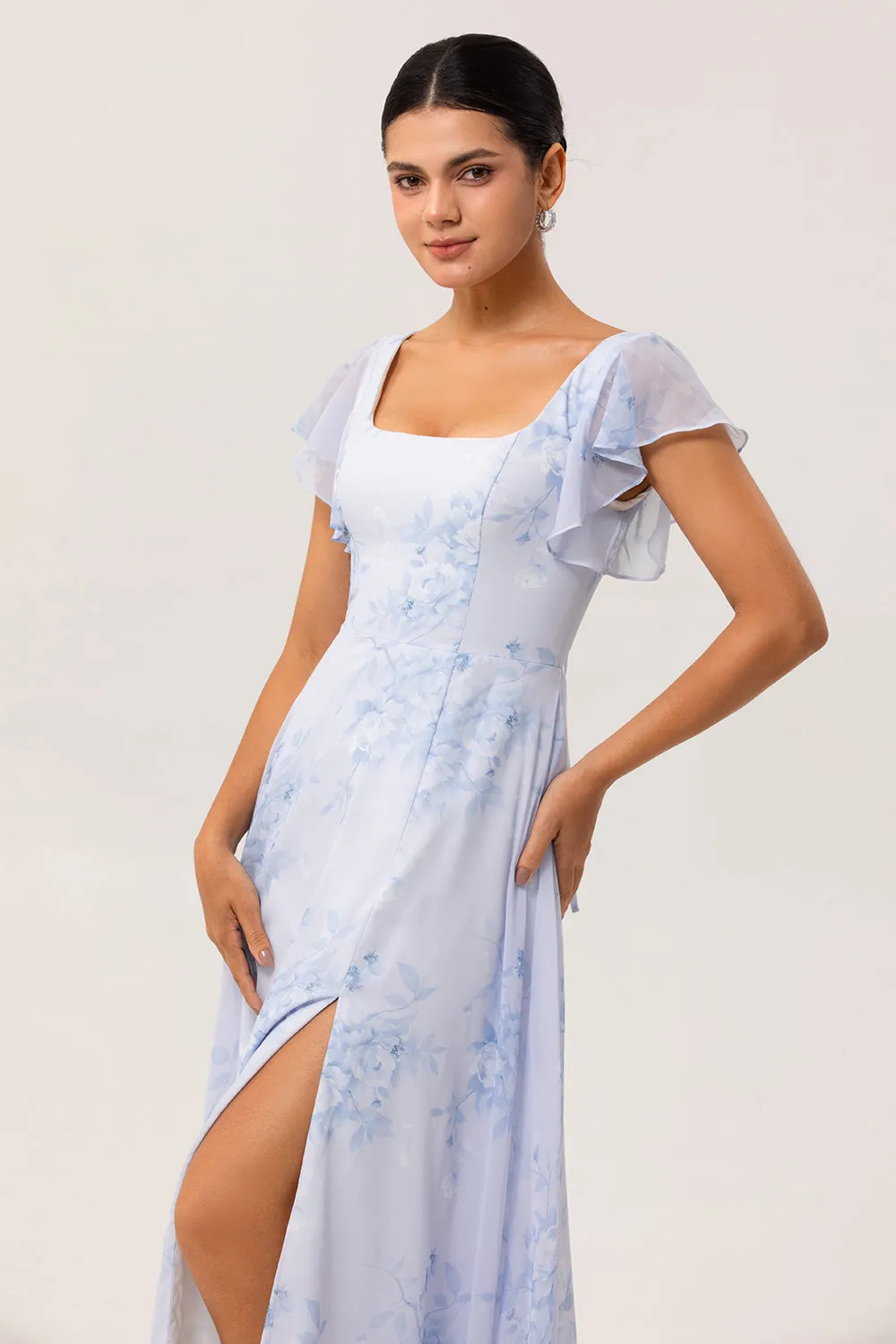 Blue Floral Square Neck A Line Long Bridesmaid Dress with Slit sold by Zapaka product image thumbnail 5