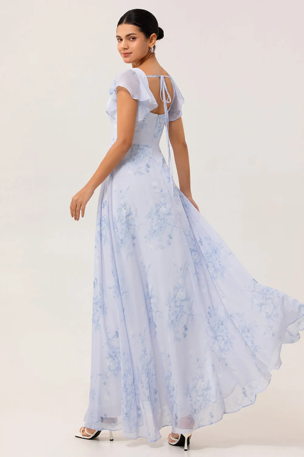 Blue Floral Square Neck A Line Long Bridesmaid Dress with Slit sold by Zapaka product image thumbnail 2