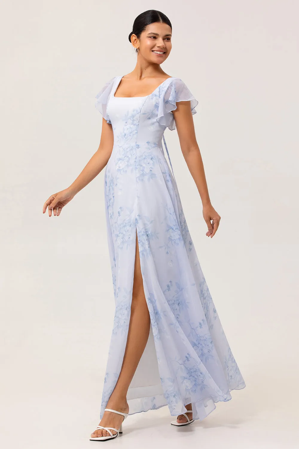 Blue Floral Square Neck A Line Long Bridesmaid Dress with Slit sold by Zapaka product image thumbnail 3