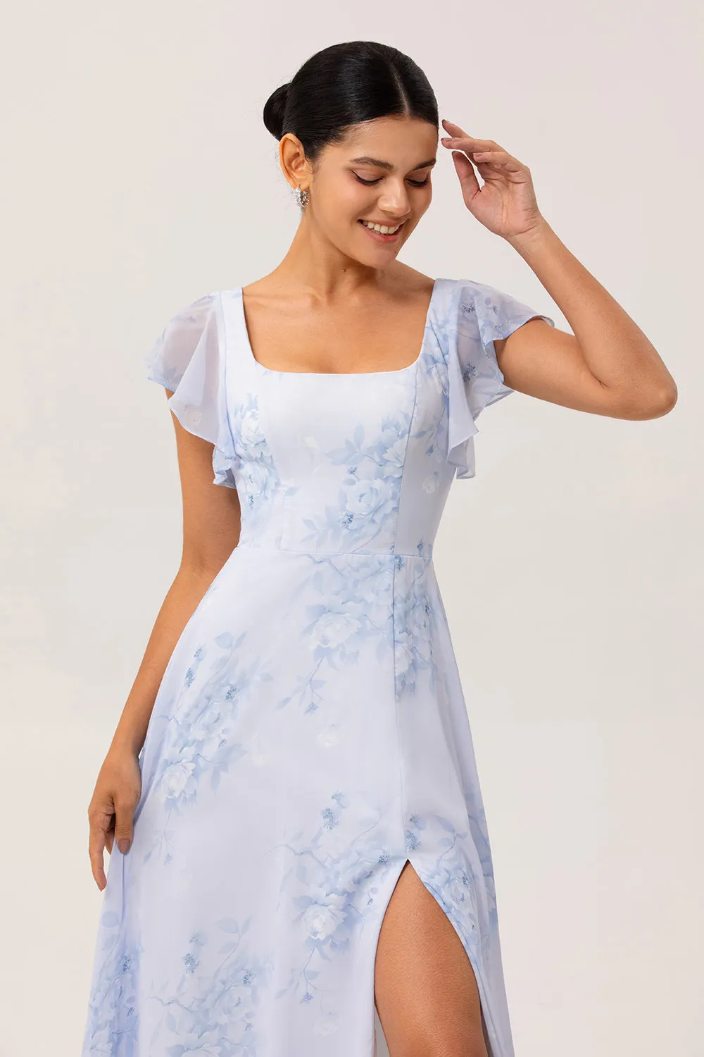 Blue Floral Square Neck A Line Long Bridesmaid Dress with Slit sold by Zapaka product image thumbnail 4