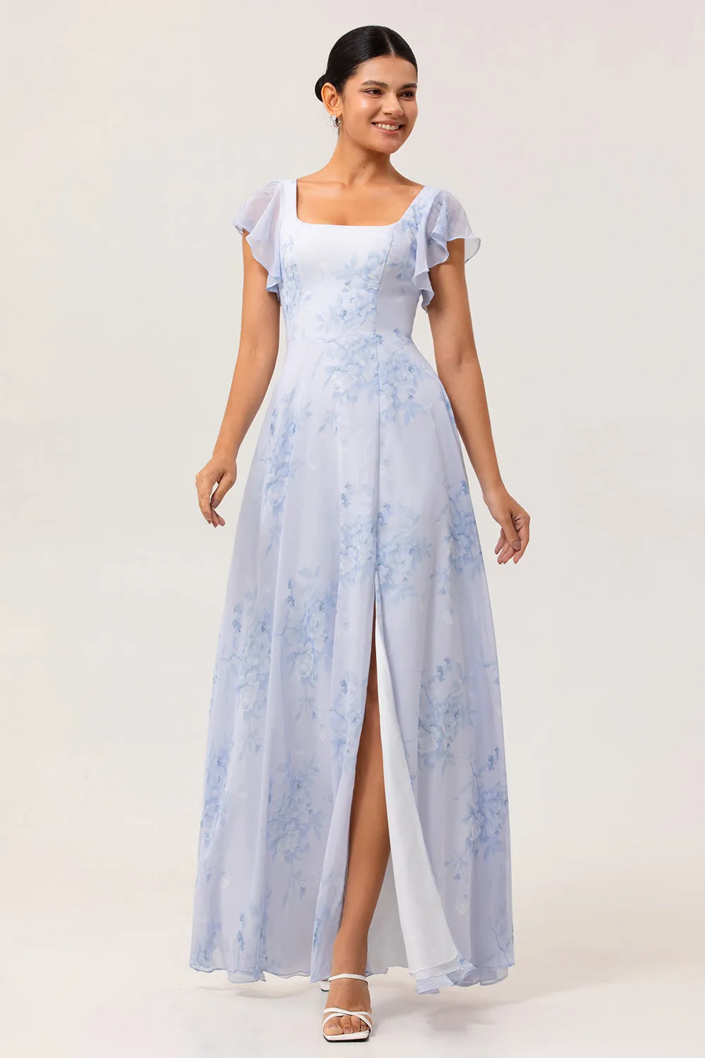 Blue Floral Square Neck A Line Long Bridesmaid Dress with Slit sold by Zapaka