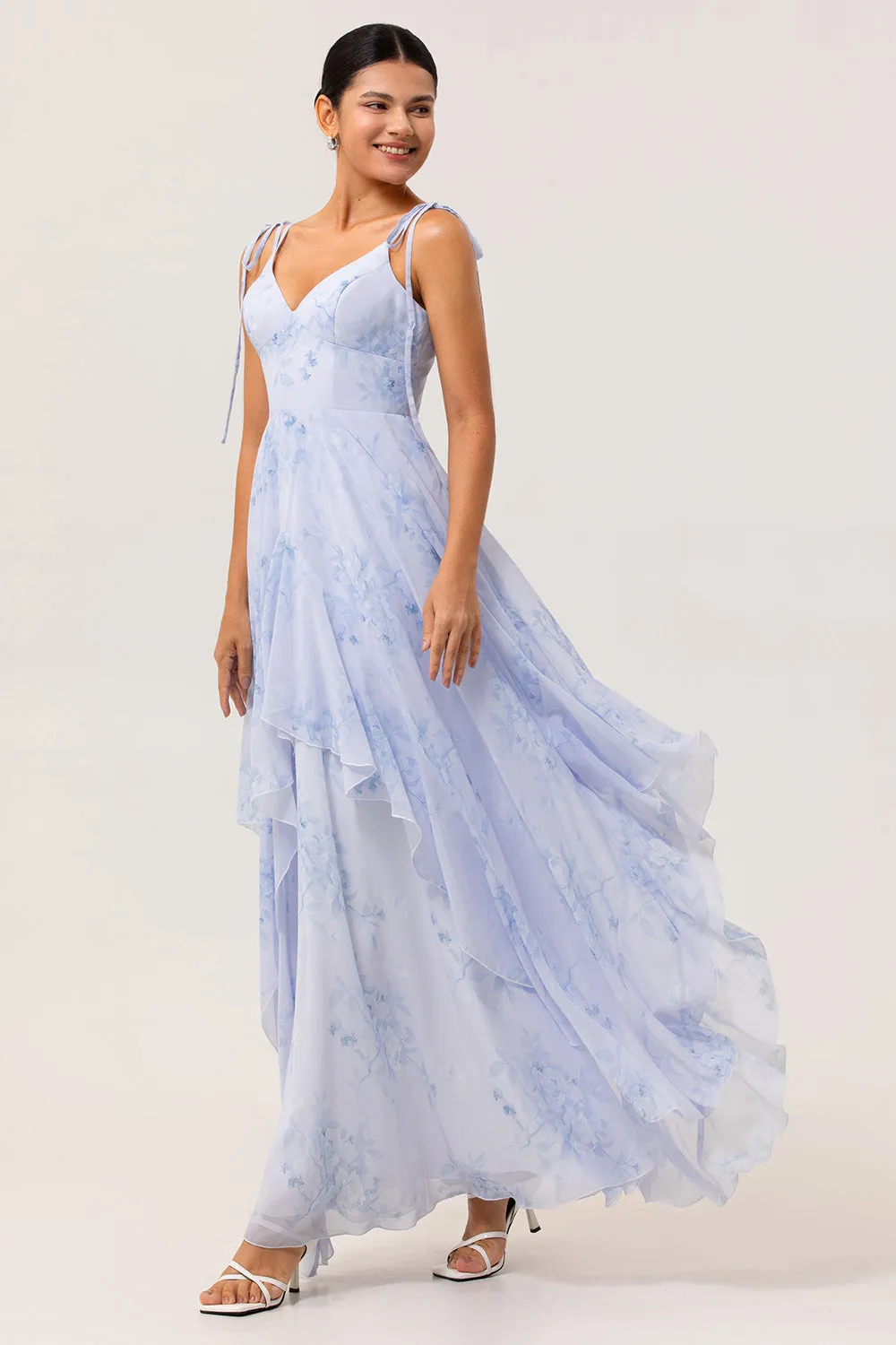 Blue Floral A Line Chiffon Long Bridesmaid Dress with Ruffles sold by Zapaka product image thumbnail 3