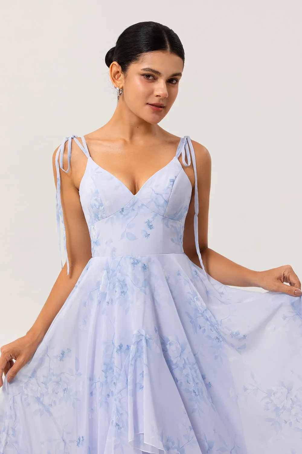 Blue Floral A Line Chiffon Long Bridesmaid Dress with Ruffles sold by Zapaka product image thumbnail 4