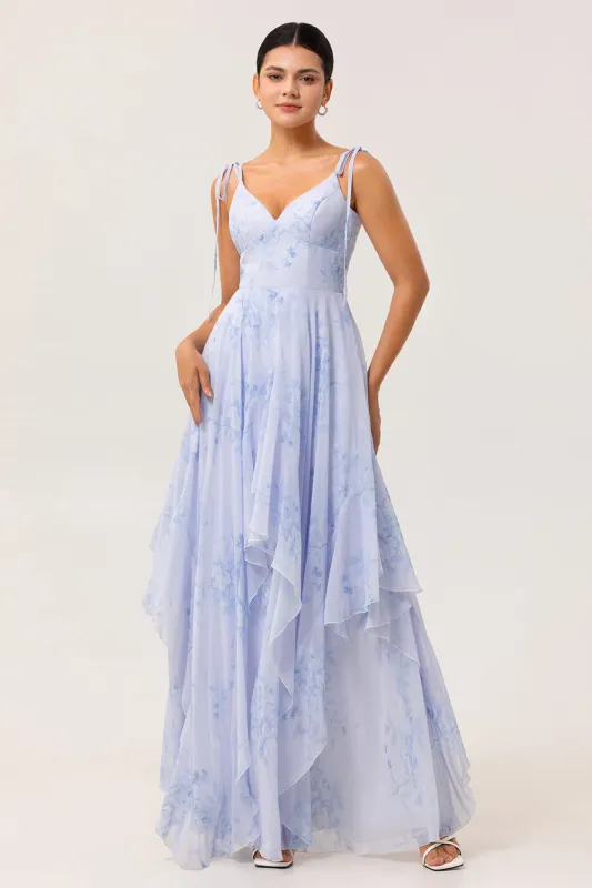 Blue Floral A Line Chiffon Long Bridesmaid Dress with Ruffles sold by Zapaka