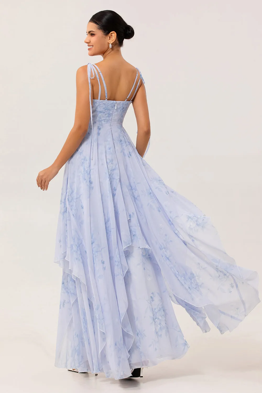 Blue Floral A Line Chiffon Long Bridesmaid Dress with Ruffles sold by Zapaka product image thumbnail 2