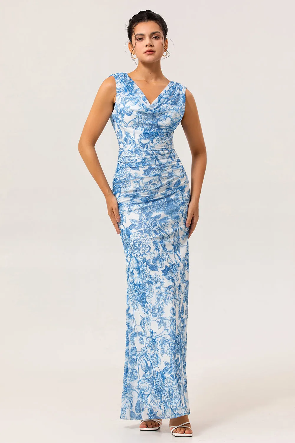 Blue Flower Cowl Neck Sheath Print Long Bridesmaid Dress with Slit sold by Zapaka