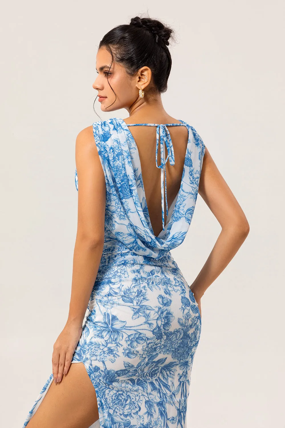 Blue Flower Cowl Neck Sheath Print Long Bridesmaid Dress with Slit sold by Zapaka product image thumbnail 5