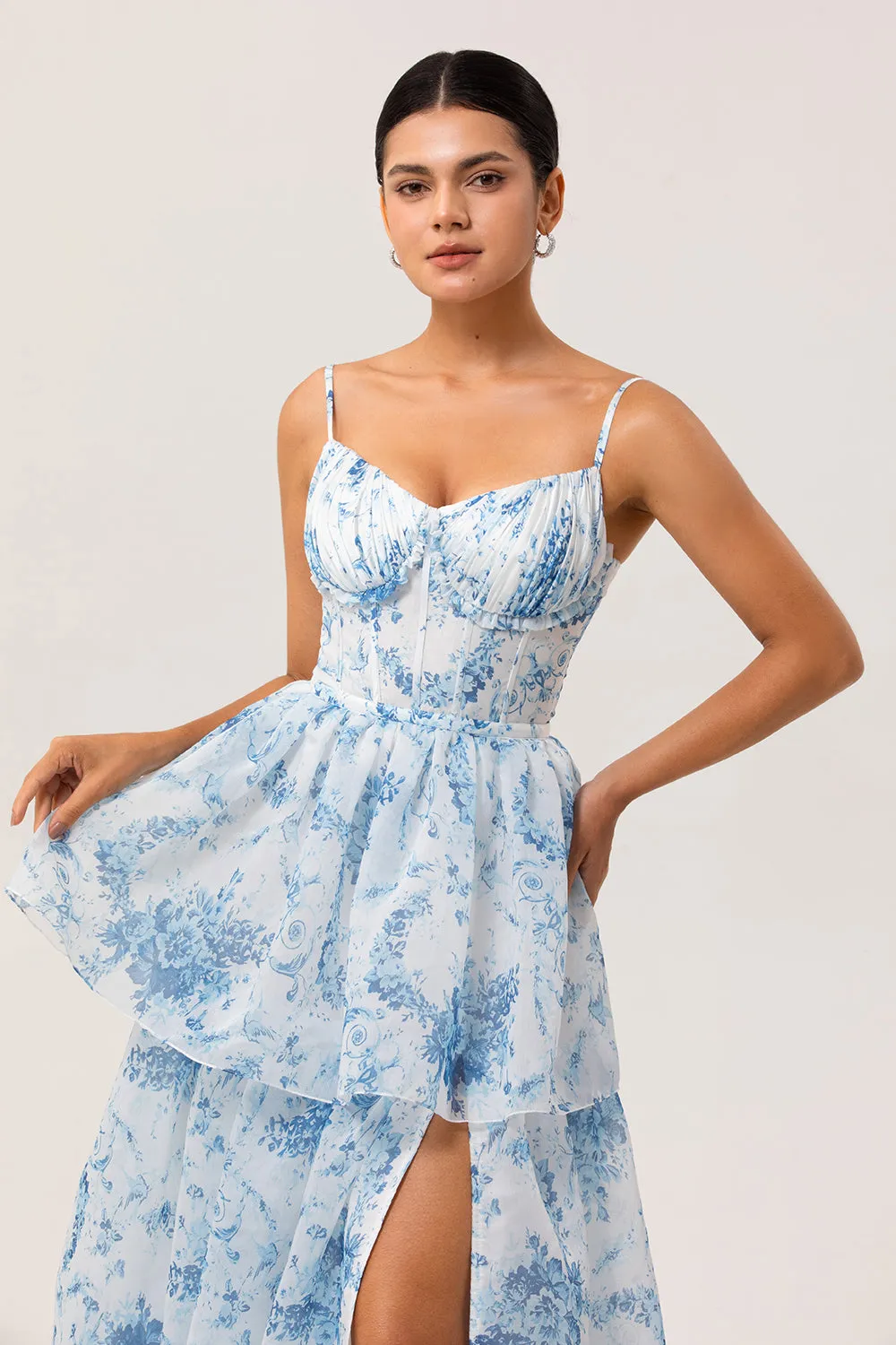 White Blue Flower A Line Printed Tiered Long Bridesmaid Dress with Slit sold by Zapaka product image thumbnail 4