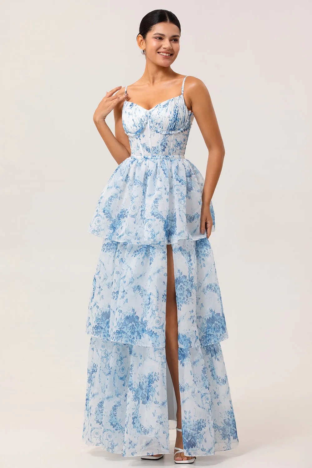 White Blue Flower A Line Printed Tiered Long Bridesmaid Dress with Slit sold by Zapaka