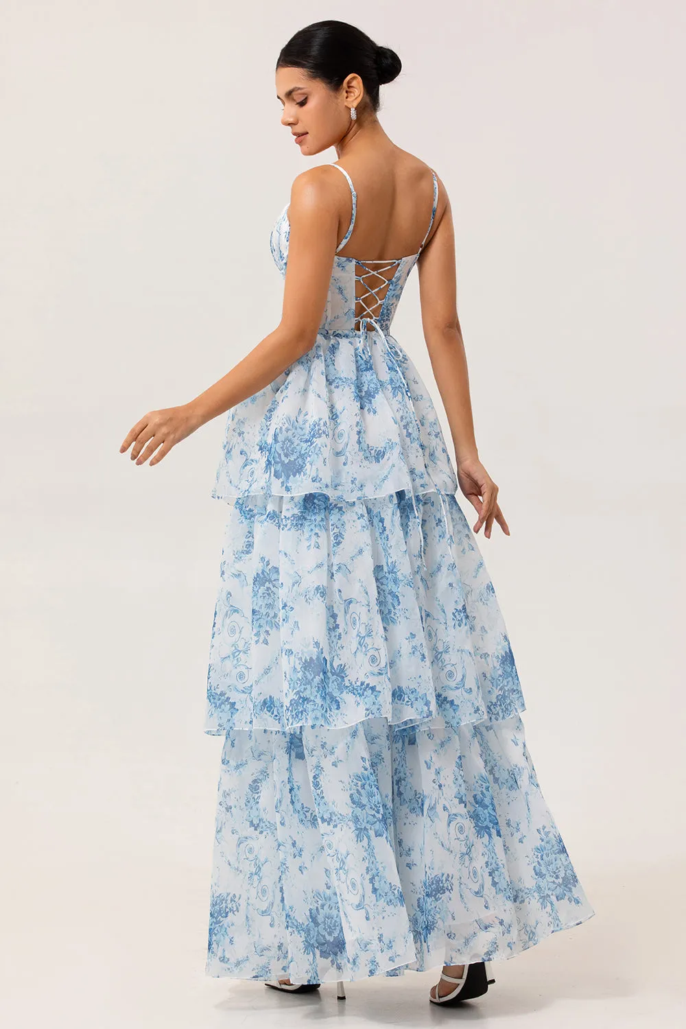 White Blue Flower A Line Printed Tiered Long Bridesmaid Dress with Slit sold by Zapaka product image thumbnail 2