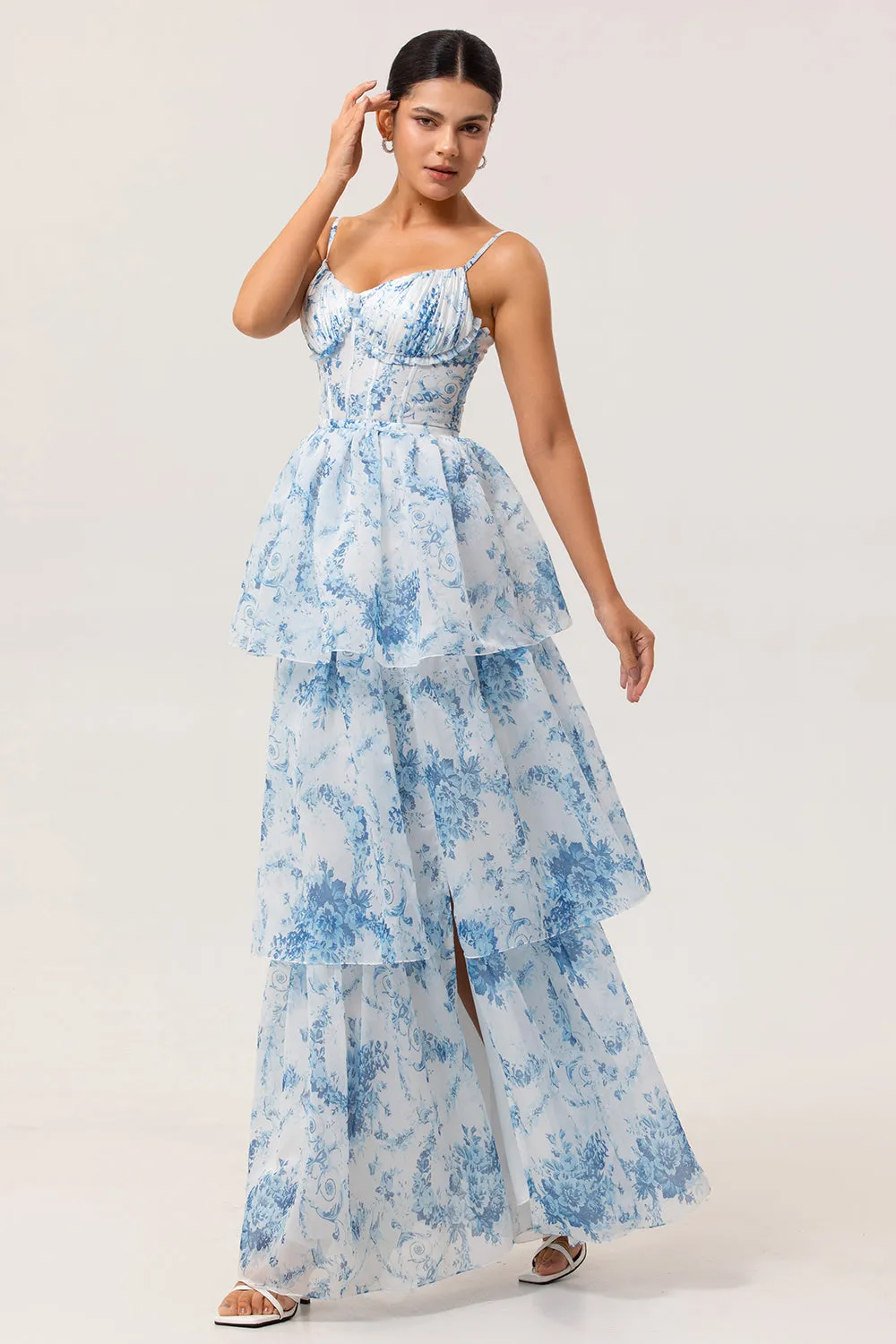White Blue Flower A Line Printed Tiered Long Bridesmaid Dress with Slit sold by Zapaka product image thumbnail 3
