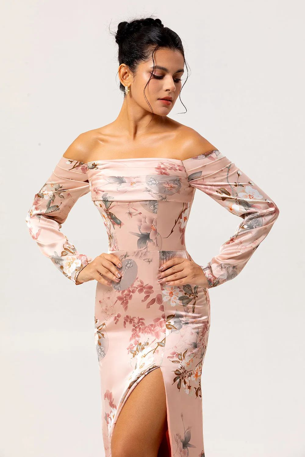 Off The Shoulder Blush Floral Sheath Long Wedding Guest Dress with Slit sold by Zapaka product image thumbnail 5