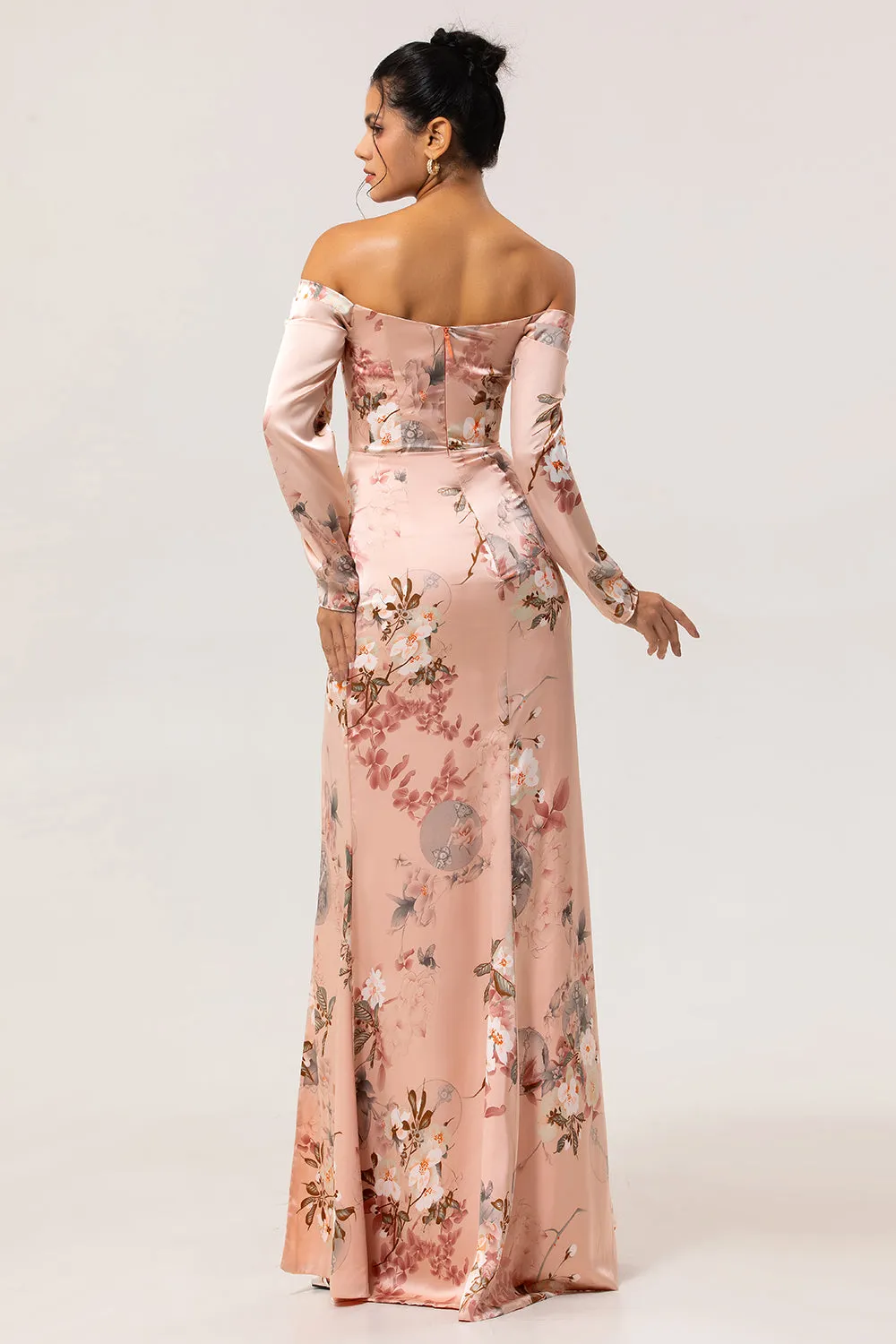 Off The Shoulder Blush Floral Sheath Long Wedding Guest Dress with Slit sold by Zapaka product image thumbnail 2