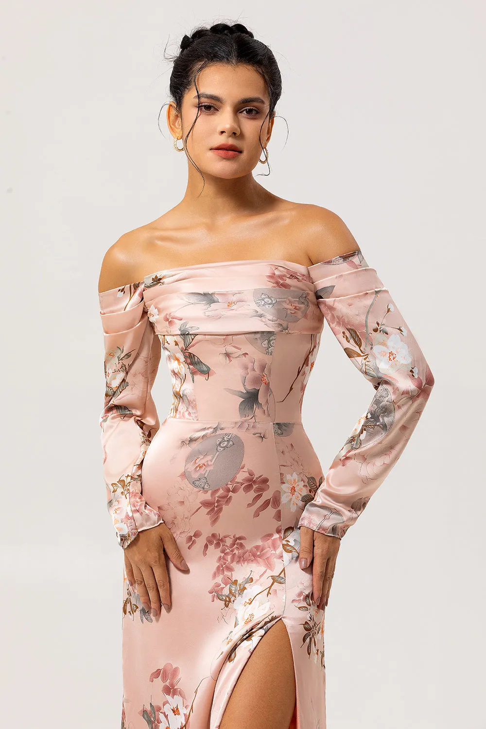 Off The Shoulder Blush Floral Sheath Long Wedding Guest Dress with Slit sold by Zapaka product image thumbnail 4