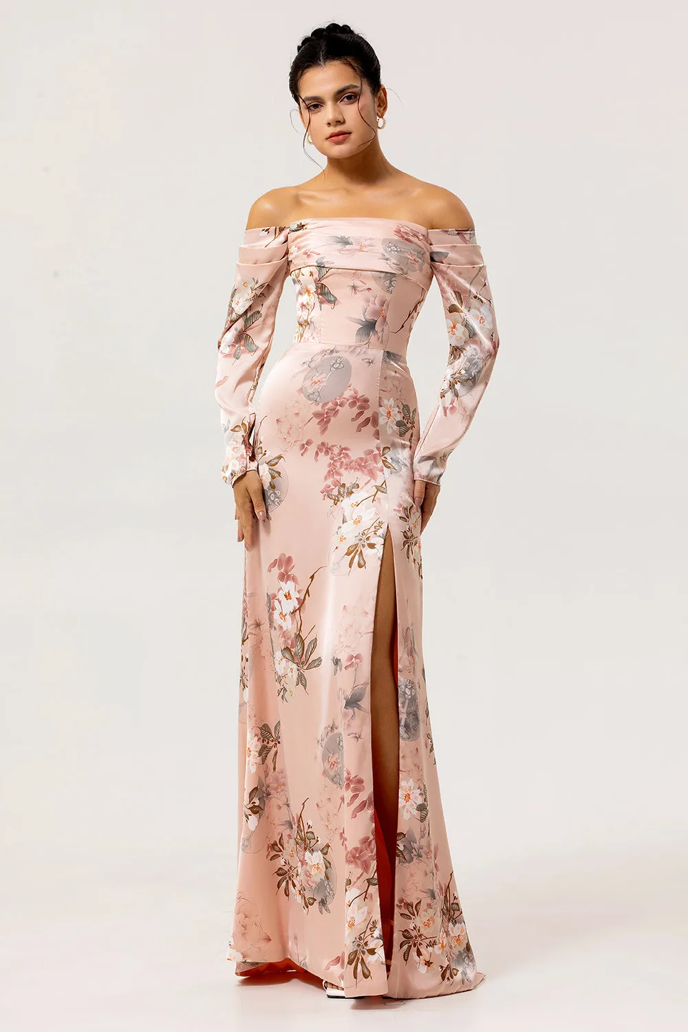 Off The Shoulder Blush Floral Sheath Long Wedding Guest Dress with Slit sold by Zapaka