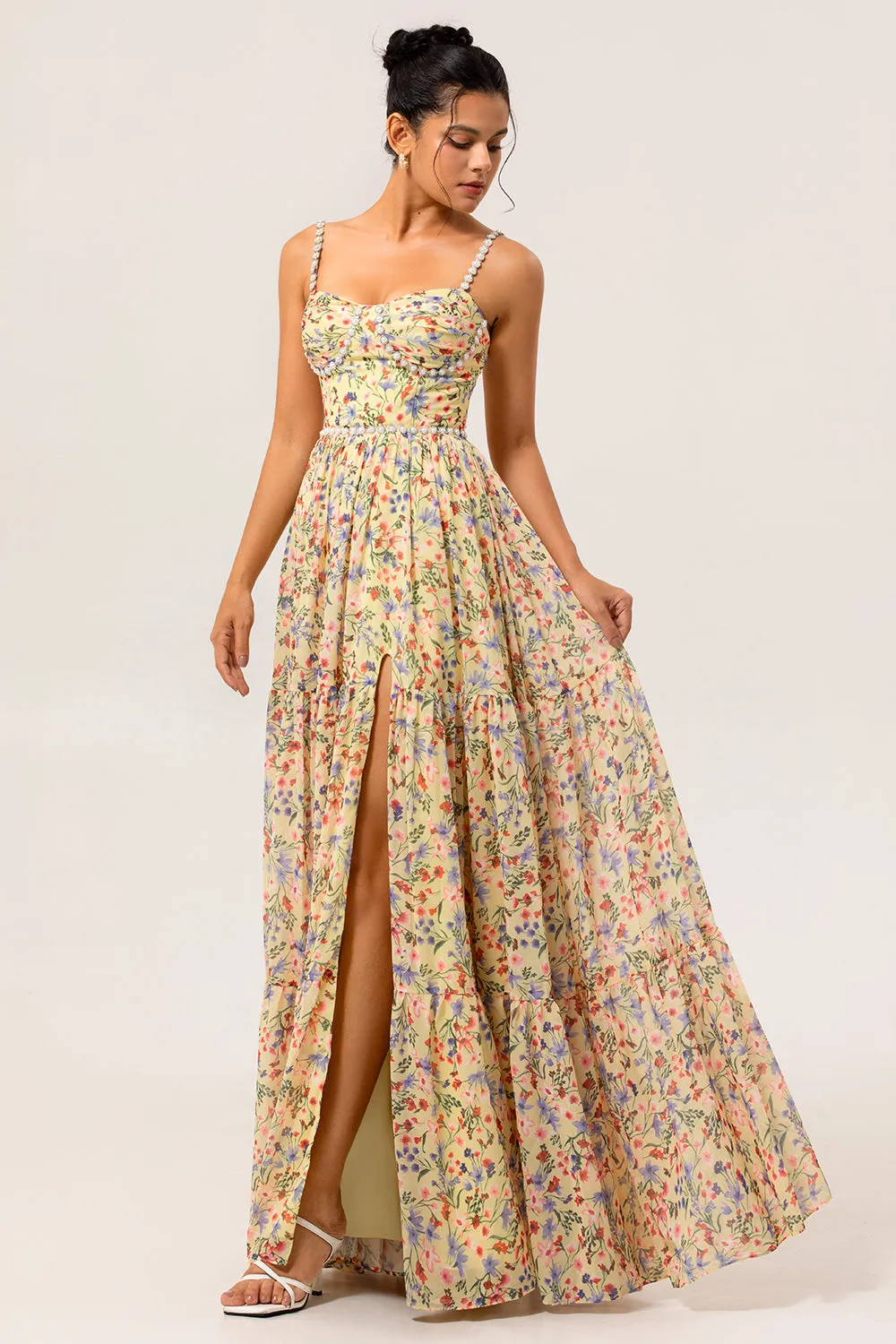 Yellow Floral A Line Beaded Long Bridesmaid Dress with Slit sold by Zapaka product image thumbnail 3