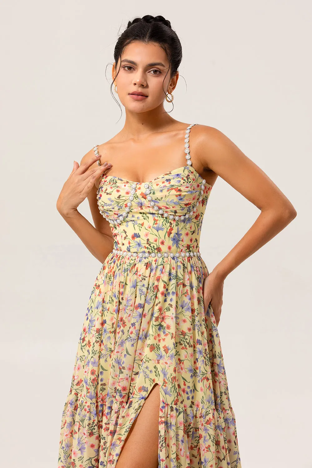 Yellow Floral A Line Beaded Long Bridesmaid Dress with Slit sold by Zapaka product image thumbnail 4