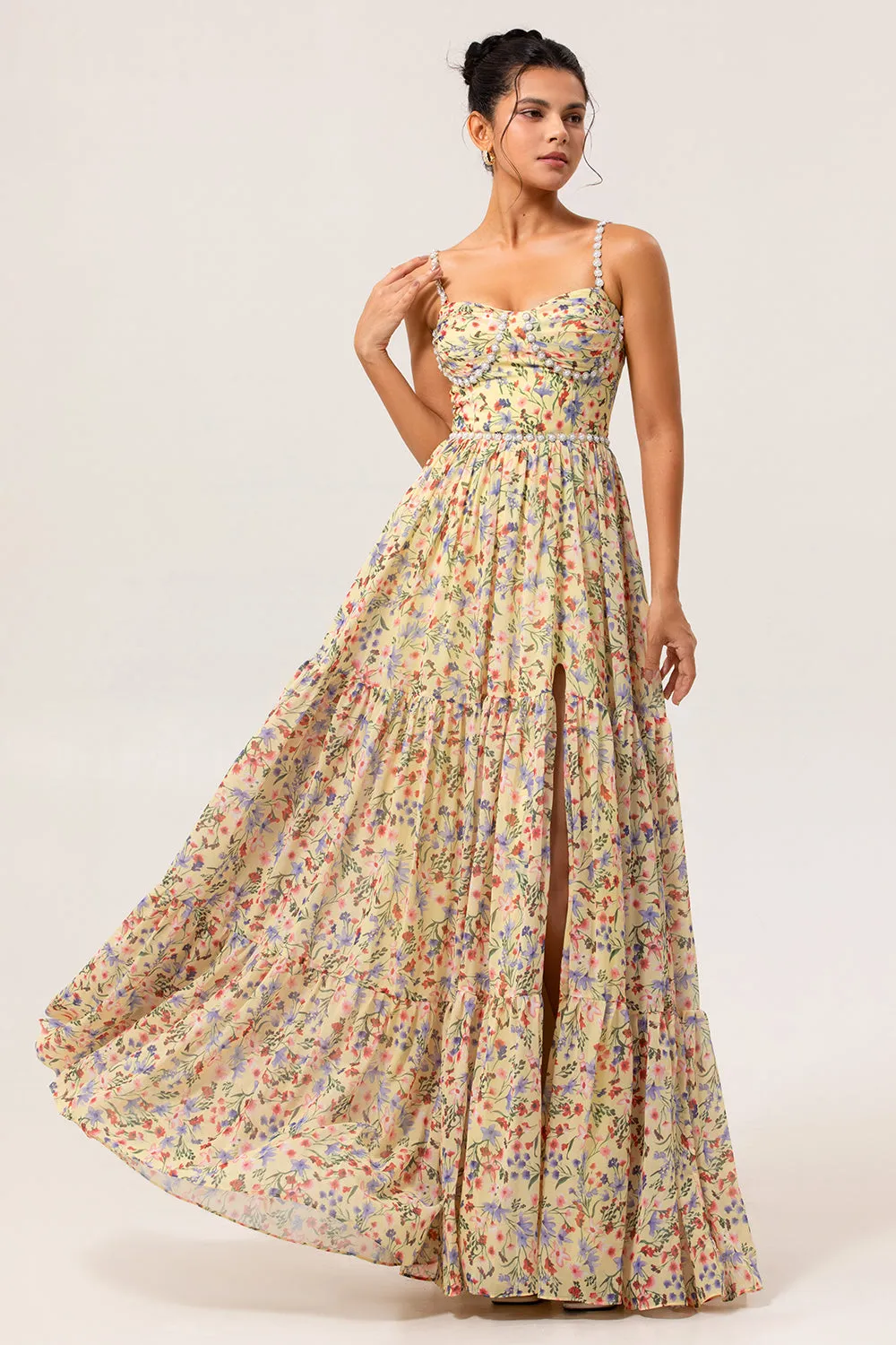 Yellow Floral A Line Beaded Long Bridesmaid Dress with Slit sold by Zapaka