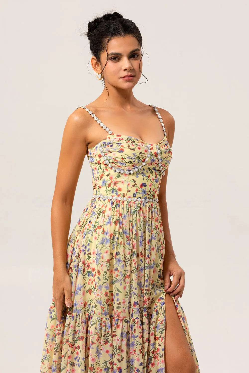 Yellow Floral A Line Beaded Long Bridesmaid Dress with Slit sold by Zapaka product image thumbnail 5