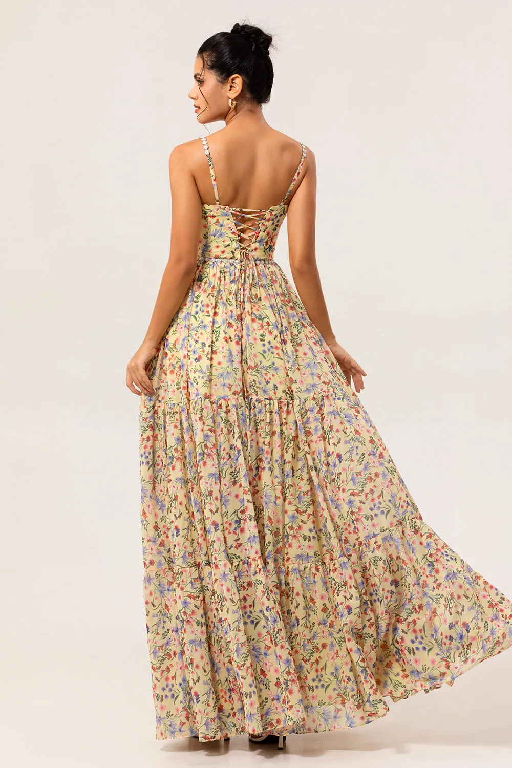 Yellow Floral A Line Beaded Long Bridesmaid Dress with Slit sold by Zapaka product image thumbnail 2