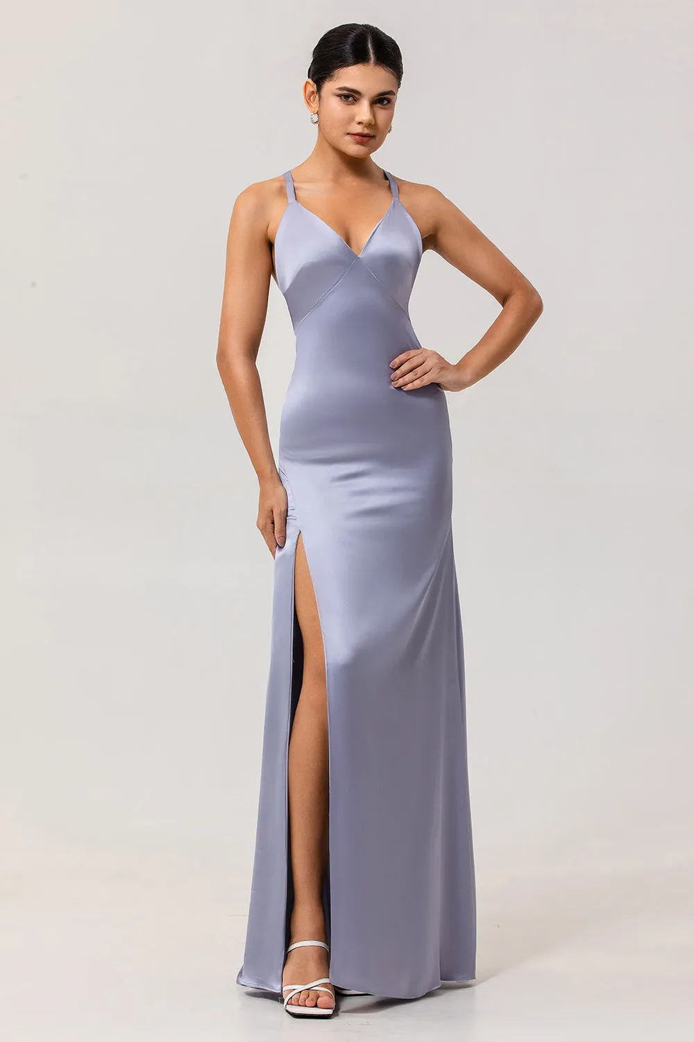 Dusty Blue Sheath Satin Bridesmaid Dress with Sash sold by Zapaka product image thumbnail 4
